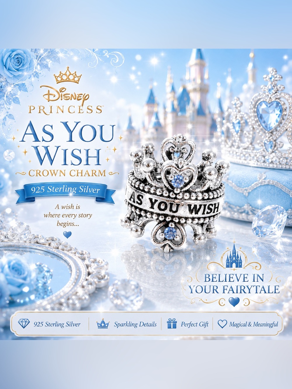 Sterling Silver As You Wish Disney Princess Crown double sided charm on card